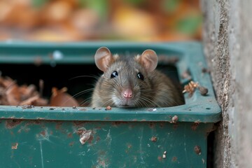 A mouse deftly exploring a trash can in search of possible treasures among the waste. Mouse behind trash can in urban scene.
