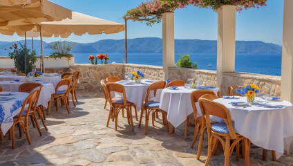 Beautiful summer street cafe in Greece terrace - obrazy, fototapety, plakaty