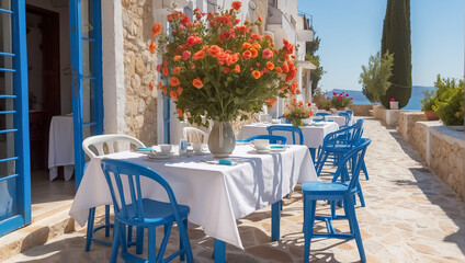 Fototapeta na wymiar Beautiful summer street cafe in Greece resort
