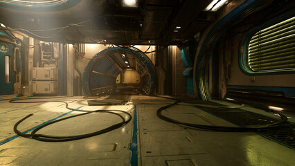 Grungy dystopian future underground tunnel complex with cables lying across the floor. 3D illustration.