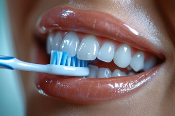 A meticulous woman uses her trusty toothbrush as a tool for maintaining her oral hygiene, carefully brushing each tooth in a closeup shot that showcases her pearly whites shine - obrazy, fototapety, plakaty