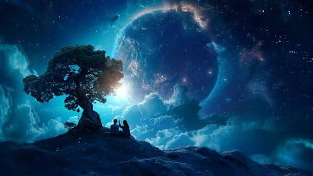 silhouette of a couple enjoying a beautiful view of the planet. seamless looping time-lapse virtual 4k video animation background.