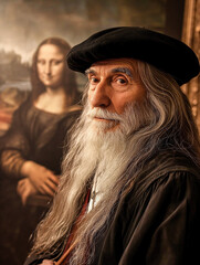 AI-Generated Portrait of Leonardo da Vinci in Front of the Mona Lisa