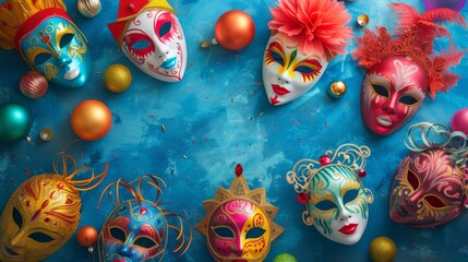 design of vibrant carnival masks and festive decorations on a blue background generative ai