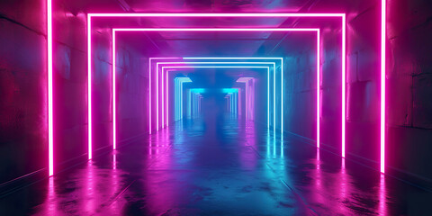 Neon light abstract background. Tunnel or corridor pink blue purple