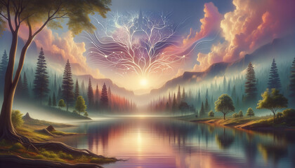 Tranquil landscape with integrated neural networks and serene sunset