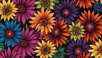 Fototapeta na wymiar Colorful flowers illustration on a dark background
