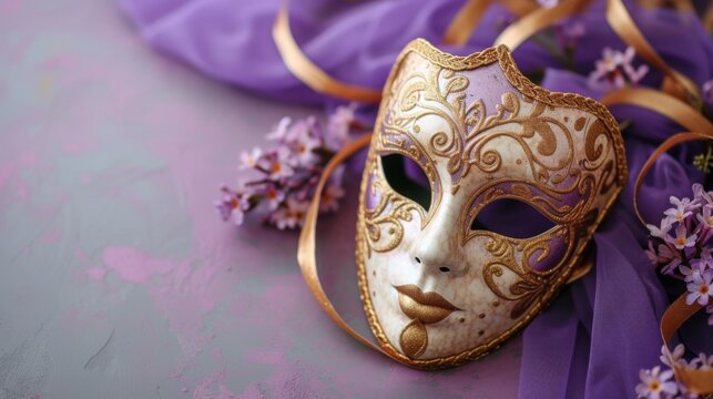 carnival mask on lilac background, generative ai
