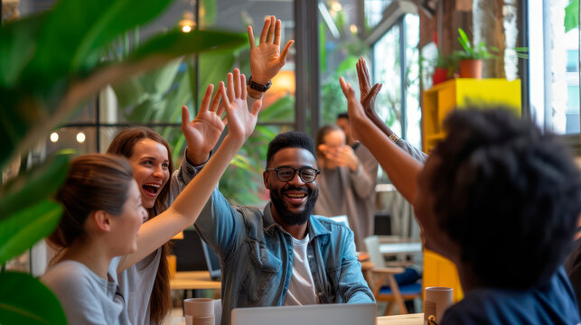 Software Development Team Celebrating Successful Launch of a New App. High-fives, smiles, and a collaborative atmosphere in a tech office