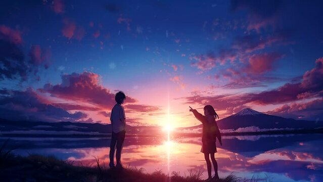 silhouette of a couple enjoying the sunset by the lake. seamless looping time-lapse virtual 4k video animation background.
