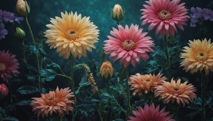 Fototapeta na wymiar Vibrant and detailed flowers on a dark teal background