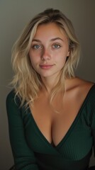 Fototapeta premium Elegance in Green: A Blond Female Captivates in a Dark Green Top, Showcasing a Perfect Blend of Casual Chic and Effortless Style - A Portrait of Grace and Trendsetting Beauty.