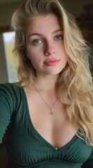 Fototapeta premium Elegance in Green: A Blond Female Captivates in a Dark Green Top, Showcasing a Perfect Blend of Casual Chic and Effortless Style - A Portrait of Grace and Trendsetting Beauty.