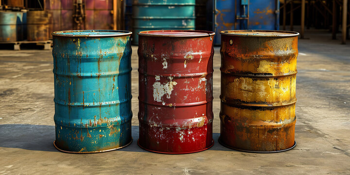 Old chemical barrels. Blue green and red oil