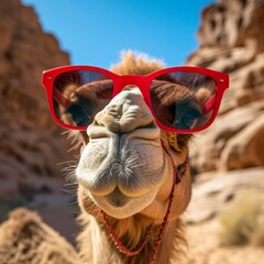 A confident arabian camel, sporting sunglasses, stands tall against the majestic desert mountains under the vast blue sky, embodying the resilient and cool nature of this terrestrial mammal