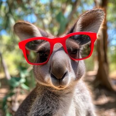A stylish kangaroo lounges on the sun-drenched ground, donning red sunglasses to protect its sensitive snout while enjoying the great outdoors as a true marsupial mammal