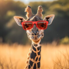 An elegant giraffe stands tall in the lush grass, sporting a pair of vibrant red sunglasses, exuding a playful and stylish aura in its natural habitat