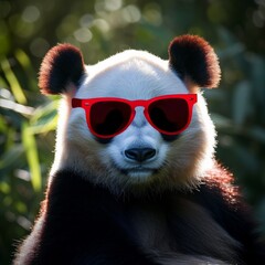 A stylish panda donning vibrant red sunglasses, confidently struts through the great outdoors with...