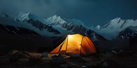 Fotobehang Orange camping tent in the mountain at night © shobakhul