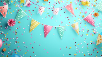 Fototapeta premium birthday pennant and confetti design on flat background generative ai