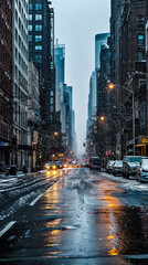 Fototapeta na wymiar AI-Generated Winter Dusk Image of Snowy NYC Street with Illuminated Street Lamps