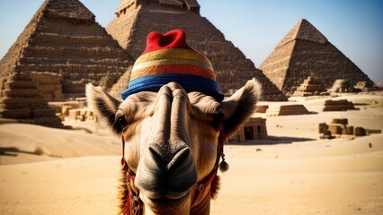 Close-up of a camel in a multi-colored hat against the background of the pyramids. Vacation and travel concept