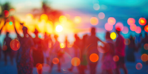 Party beach. Blurred people having night beach party in summer vacation - obrazy, fototapety, plakaty