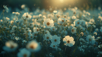 A field of wildflowers in the moonlight, their delicate petals casting long shadows on the soft ground. - obrazy, fototapety, plakaty