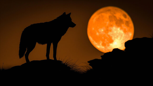 A lone wolf, silhouetted against a full moon, standing on the edge of a rugged cliff.