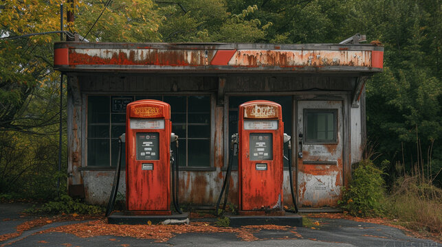 An abandoned gas station, its vintage pumps rusted and weathered, surrounded by the echoes of a bygone era.