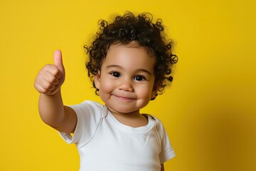 A toddler boy with curly hair gives a thumbs up on a yellow background