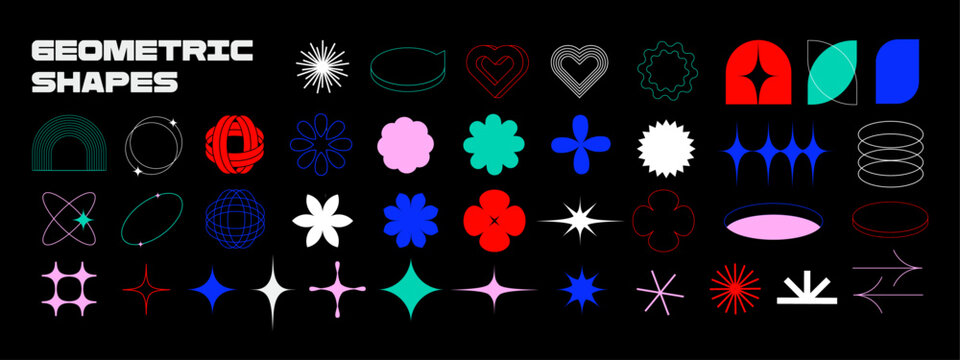 Set Vector Graphic In Y2k style. Color elements for design in futuristic retro style. Shapes for Posters Template, social media, flyers, media, graphic design, sticker, Digital Collage.