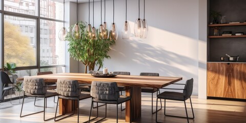 Contemporary dining room in apartment with wooden table, chairs, and pendant lighting.