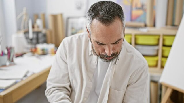 Thoughtful senior hispanic artist with beard in studio contemplating canvas