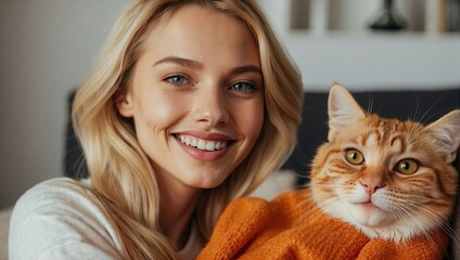 Smiling blonde woman in a cozy setting taking a close-up selfie with her orange tabby cat, both looking at the camera.
