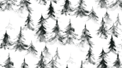Gordijnen Abstract seamless pattern with halftone textured gray green fir forest. Elegant geometric half tone coniferous landscape texture for travel concept textile, wallpaper, banner © Tatahnka