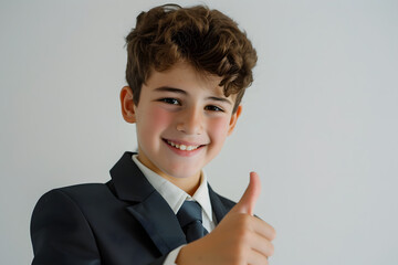kid in suit showing thumbs up