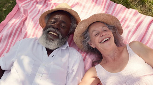 Mature black man and causacian interracial couple of friends or grandparents living best life outdoors happy on picnic blanket in park, positive senior baby boomer love for lifestyle dating joy fun