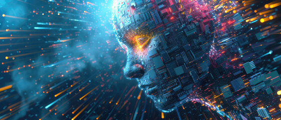 Estores personalizados crianças com sua foto AI robot on abstract blue background, humanoid cyborg head and light of mind. Futuristic innovation in digital world of technology. Concept of power, problem, art, future
