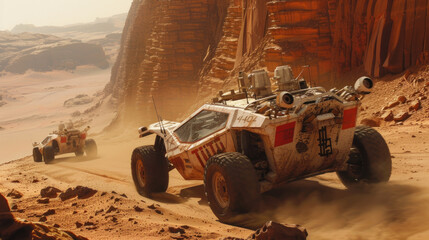 Space rovers drive on desert near rocks, vintage futuristic vehicles race on planet like Mars, fantastic movie scene with sports cars. Concept of fantasy, dystopia, sci-fi and future