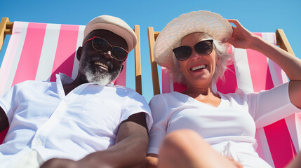 Diverse Baby Boomer Grey hair couple on cruise vacation relaxing and enjoying their golden years on pink stripe deck chairs on beach looking happy in love living best life, aging gracefully lifestyle 