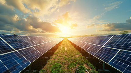 Solar farm and sun light. Solar power for green - obrazy, fototapety, plakaty
