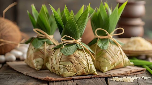 Ketupat (Rice Dumpling) On Wood Background.