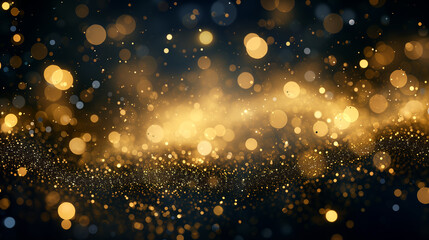 Fototapeta na wymiar A captivating display of golden bokeh lights scattered across a dark backdrop, creating a magical and festive atmosphere.