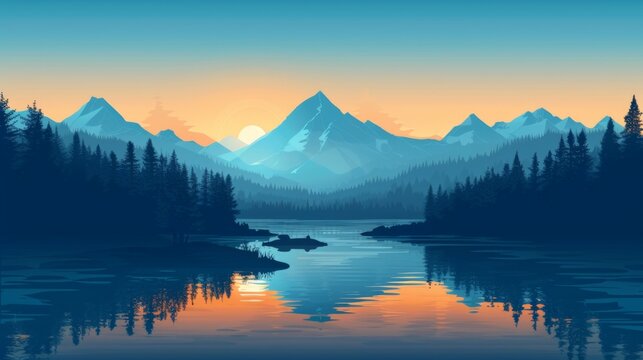 Illustration of a sunrise between mountains giving a touch of realism. generative ai