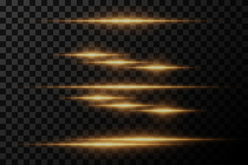 Gold neon stripes and flashes of light. Laser beams, horizontal lines. Beautiful glare reflections. Glowing stripes on a transparent background.