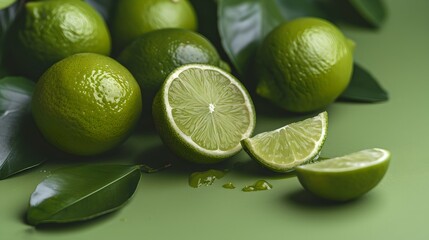 Fresh limes on a vibrant green background, citrus fruit composition with style, ideal for food blogs and healthy lifestyle promotions. AI