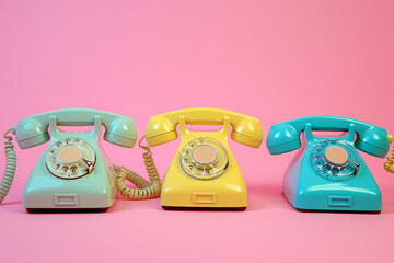retro landline phones of different colors on a pink background 