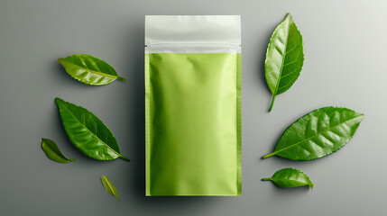 A green sachet with a tea bag inside, with a green label on a plain background.