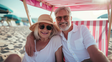 Smiling elderly caucasion married couple traveling in summer, enjoying beach vacation nomad life getaway, enjoying senior years in retirement and embracing coastal living in love, stylish best friends